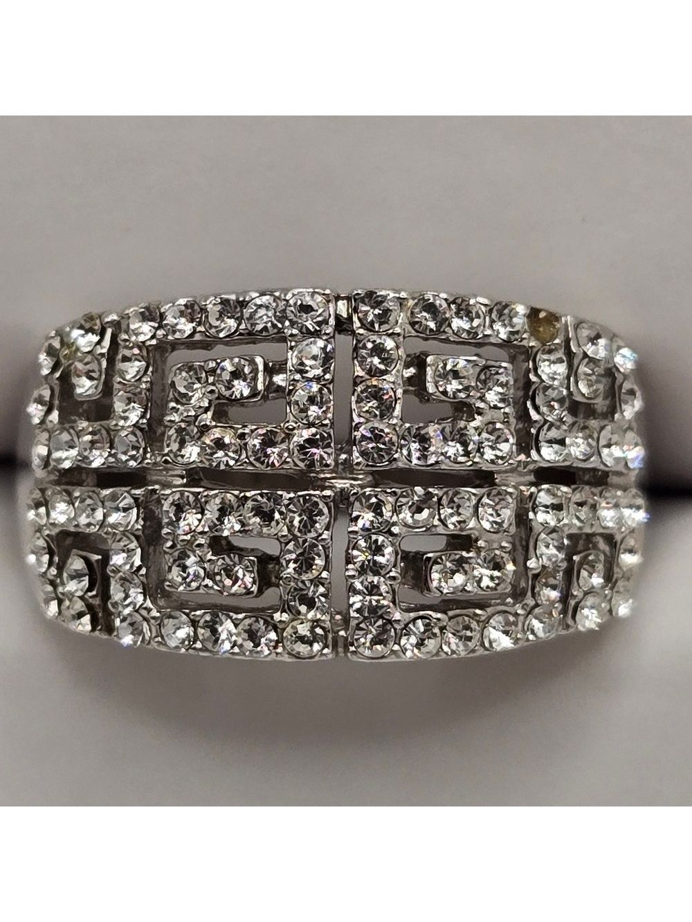 18k GP White Gold Greek Key Pattern Crystal Pave Silver Ring Size 8